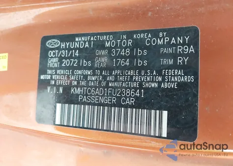 2015 Hyundai Veloster z USA, uszkodzony, nr VIN KMHTC6AD1FU238641